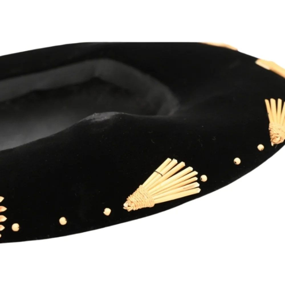 Stephen Anne Custom Black Velvet Straw Hat Wide Brim Gold Tassel Trim